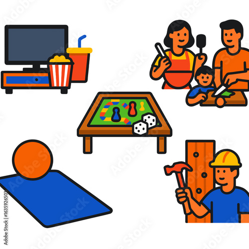 Weekend Home Activity Icons. Flat vector icons of weekend home activities: movie night setup, board games on table, cooking with