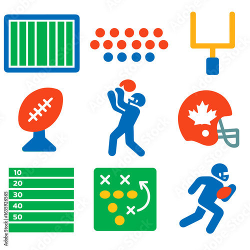 Canadian Football Icons. Flat vector icons of Canadian football: larger field icon, 12-player formation, goalpost with crossbar,