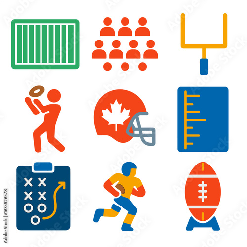 Canadian Football Icons. Flat vector icons of Canadian football: larger field icon, 12-player formation, goalpost with crossbar,