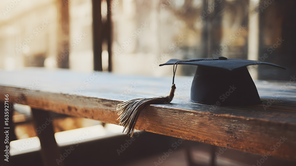 Obraz premium Single graduation cap on a wooden surface with tassel detail in warm academic atmosphere.