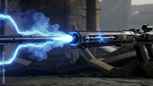 Futuristic weapon emitting energy in urban setting