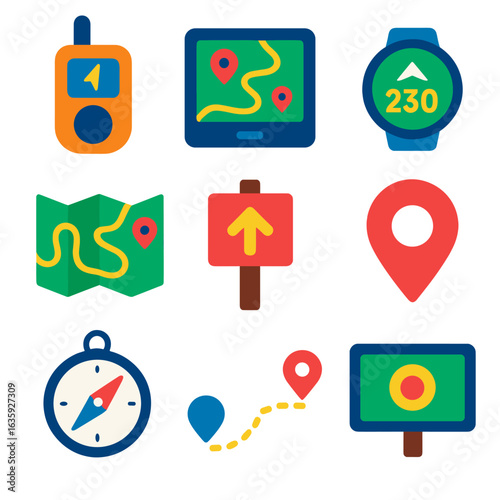 Outdoor Adventure Icons. Flat vector icons of outdoor adventure navigation: GPS tracker icon, digital trail map, watch with