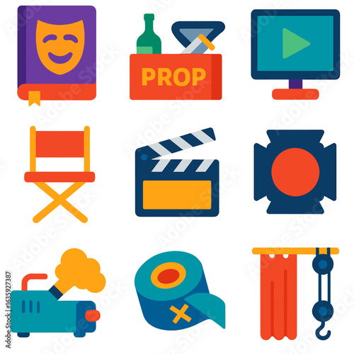 Theater Tools Icons. Flat vector icons of theatrical production tools: script book icon, prop box, cue monitor screen, director’s