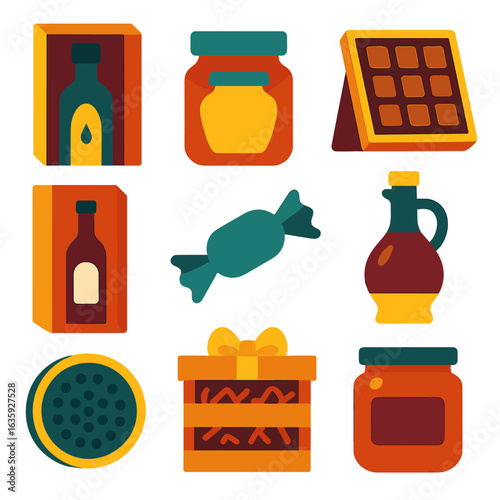 Luxury Food Icons. Flat vector icons of luxury food and drink packaging: olive oil bottle box, gourmet jar box, artisanal