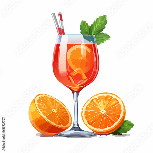 Stylish Vector Illustration of an Aperol Spritz Cocktail Against a Clean White Background, Ideal for Summer Gatherings and Refreshing Experiences
