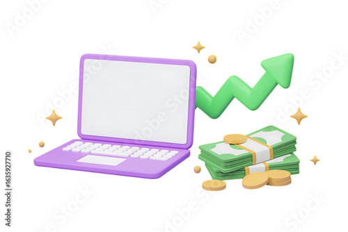 3D illustration of a laptop, stacks of money, and an upward trending arrow, symbolizing online business success, financial growth, and digital wealth.