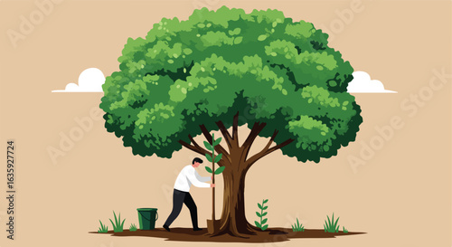 Planting trees Person with shovel planting sapling near larger tree, bucket to side