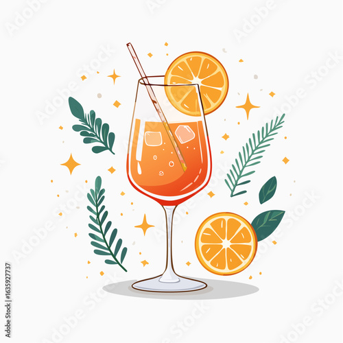 Stylish Vector Illustration of an Aperol Spritz Cocktail Against a Clean White Background, Ideal for Summer Gatherings and Refreshing Experiences