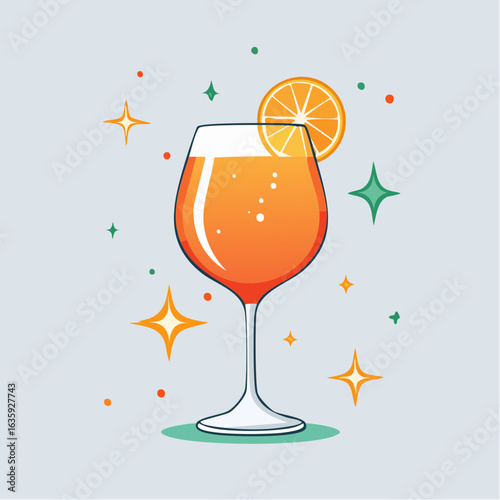 Charming Vector Illustration of a Festive New Year Aperol Spritz Cocktail on a Subtle Gray Background, Ideal for Holiday Celebrations and Stylish Toasts