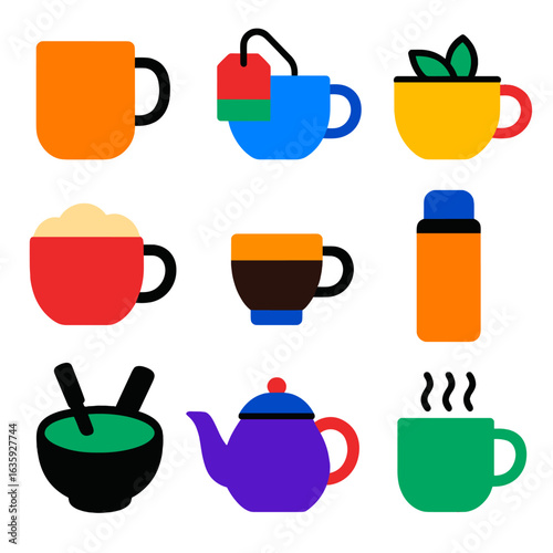 Colorful Hot Drink Icons. Flat vector icons of hot drink products: coffee mug, tea bag, herbal infusion cup, cappuccino cup,