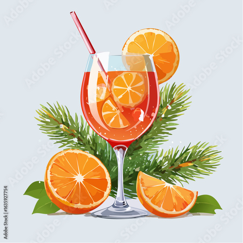 Charming Vector Illustration of a Festive New Year Aperol Spritz Cocktail on a Subtle Gray Background, Ideal for Holiday Celebrations and Stylish Toasts
