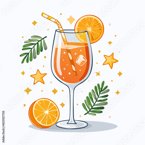 Stylish Vector Illustration of an Aperol Spritz Cocktail Against a Clean White Background, Ideal for Summer Gatherings and Refreshing Experiences