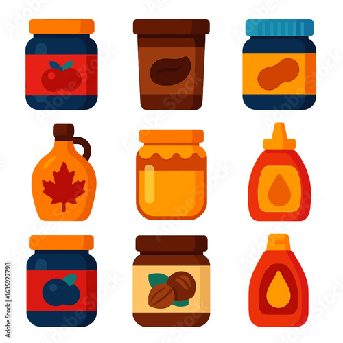 Sweet Spread Icons. Flat vector icons of sweet spreads and syrups: jam jar, chocolate spread tub, peanut butter, maple syrup