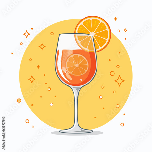 Cheerful Vector Illustration of an Aperol Spritz Cocktail Against a Bright Yellow Background, Perfect for Summer Vibes and Festive Gatherings