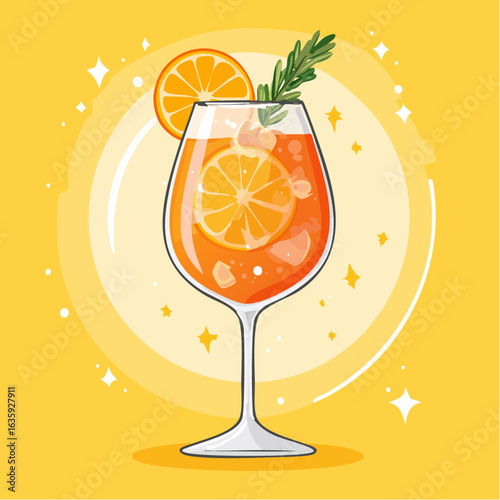 Cheerful Vector Illustration of an Aperol Spritz Cocktail Against a Bright Yellow Background, Perfect for Summer Vibes and Festive Gatherings