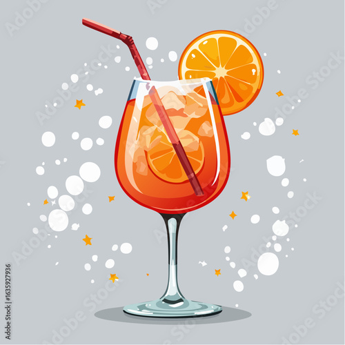 Charming Vector Illustration of a Festive New Year Aperol Spritz Cocktail on a Subtle Gray Background, Ideal for Holiday Celebrations and Stylish Toasts