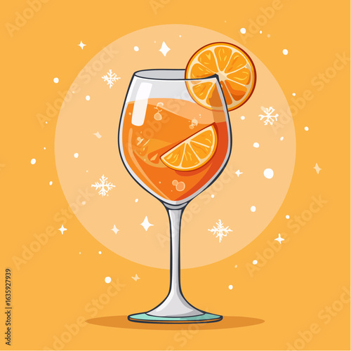 Cheerful Vector Illustration of an Aperol Spritz Cocktail Against a Bright Yellow Background, Perfect for Summer Vibes and Festive Gatherings