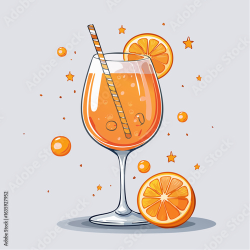 Charming Vector Illustration of a Festive New Year Aperol Spritz Cocktail on a Subtle Gray Background, Ideal for Holiday Celebrations and Stylish Toasts