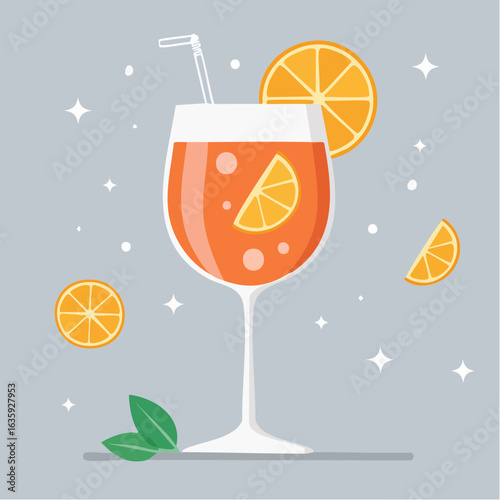 Charming Vector Illustration of a Festive New Year Aperol Spritz Cocktail on a Subtle Gray Background, Ideal for Holiday Celebrations and Stylish Toasts