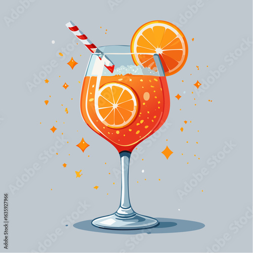 Charming Vector Illustration of a Festive New Year Aperol Spritz Cocktail on a Subtle Gray Background, Ideal for Holiday Celebrations and Stylish Toasts