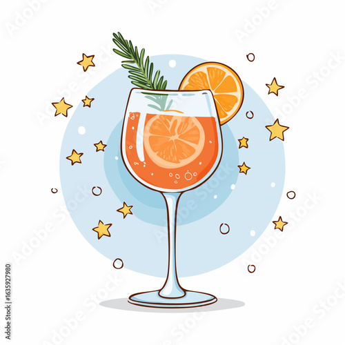 Festive Vector Illustration of a Holiday Aperol Spritz Cocktail on a Deep Blue Background, Perfect for New Year's Celebrations and Cheerful Gatherings