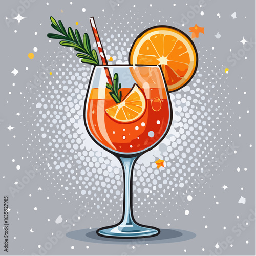 Stylish Vector Illustration of an Aperol Spritz Cocktail Set Against a Soft Gray Background with Decorative Pine Branches, Ideal for Seasonal Drinks and Celebrations