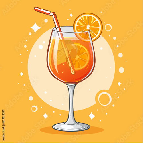 Cheerful Vector Illustration of an Aperol Spritz Cocktail Against a Bright Yellow Background, Perfect for Summer Vibes and Festive Gatherings