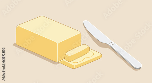 Isometric butter block. Slice on plate beside knife on light beige background