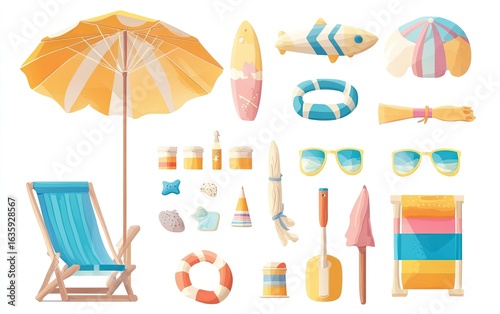 Beach umbrella with chair and beach accessories set, vector illustration in a cartoon flat style