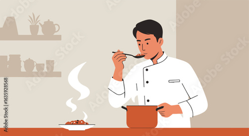 Illustration of a chef in a kitchen tasting food from a pot with a spoon