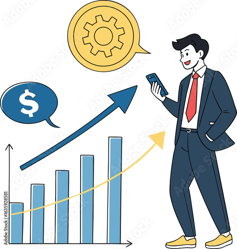 Businessman analyzes a 3D bar graph with an upward arrow, symbolizing financial growth and career success