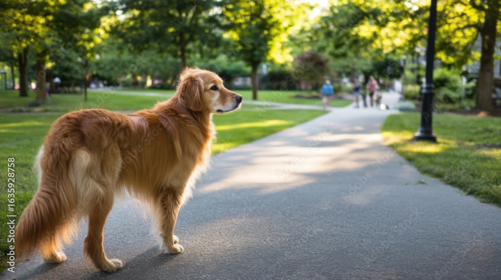 Obraz premium A golden dog stands on black paved pathways in a lush green park with trees, grassy areas,