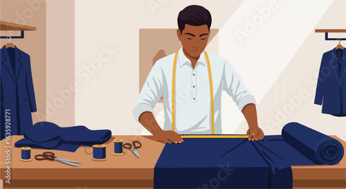 Tailor measuring blue fabric on a table, with sewing tools. Suits on the rack