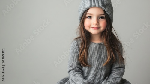 Adorable girl in a cozy grey sweater.