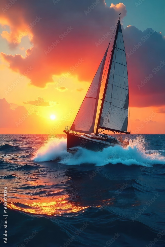 Fototapeta premium Triumphant sailboat slicing through turquoise waves under a vibrant sunset, signifying achievement and freedom at sea , waves, sport, success