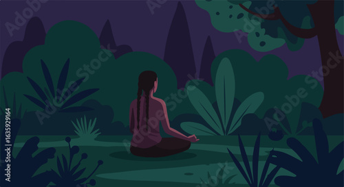 Meditative pose in a dark forest. Serene, spiritual, nature. Focused on inner peace