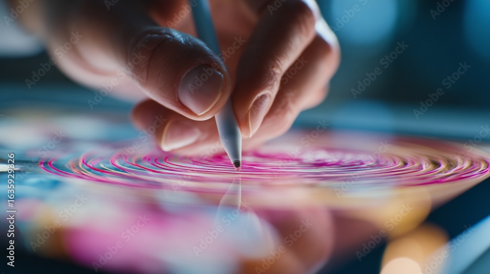 Naklejka premium Close-up of hand drawing colorful art on a digital tablet with stylus