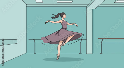 Ballerina dances in studio, twirling with flowing dress in a stylized art style
