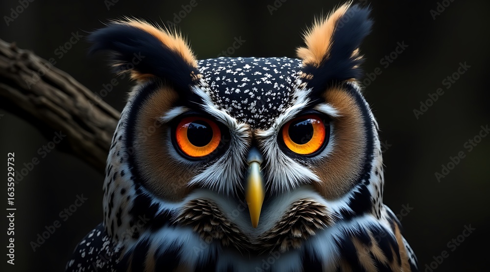 Fototapeta premium Photo of detailed closeup of a great horned owls face with piercing orange eyes and textured feathers on a dark background