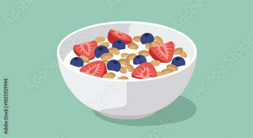Cereal in white bowl with strawberries and blueberries on a pastel green surface