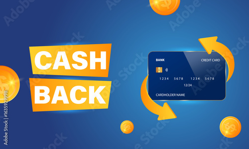 Golden coins swirl around a blue credit card with cashback arrows, representing luxury, bonuses, and modern financial benefits.
