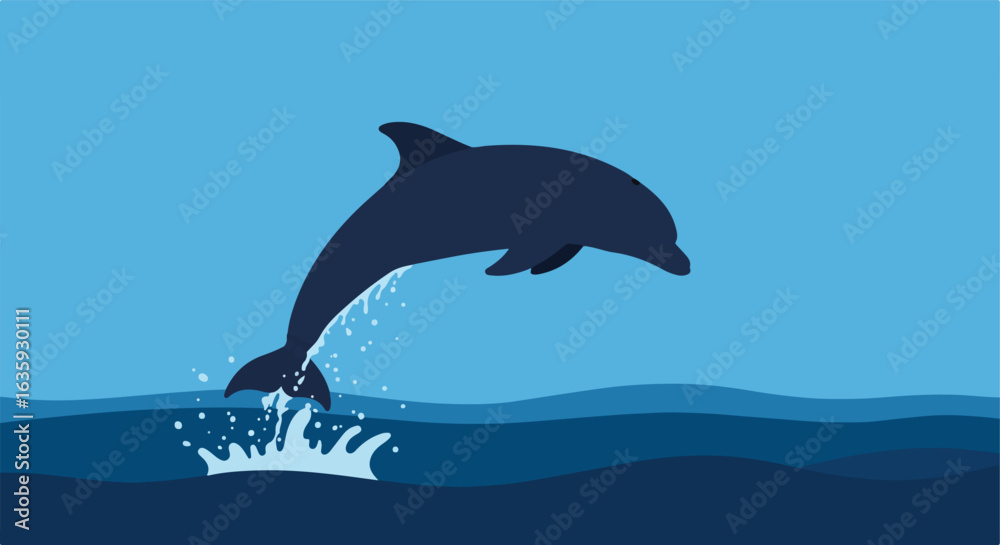 Fototapeta premium Leaping dolphin in deep blue sea, water splashes, stylized, minimalist, flat design