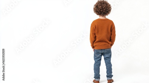 Boy in orange sweater and jeans facing away.