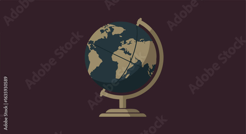 Globe displaying continents on stand with lines, resting on a dark purple backdrop