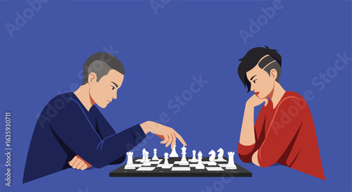 Two people deeply involved in a chess game. Concentration and strategy are displayed