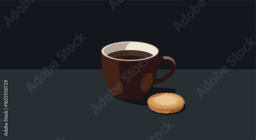 Dark cup of coffee alongside a round, light brown cookie on gray surface