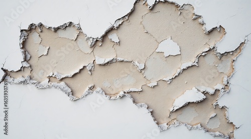Photo of closeup of peeling paint on a textured wall, showing layers of decay and damage