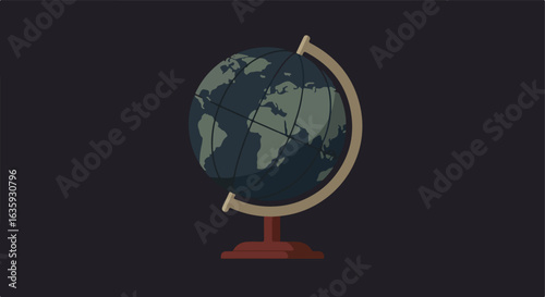 Illustration of a globe with continents and a stand against a dark background
