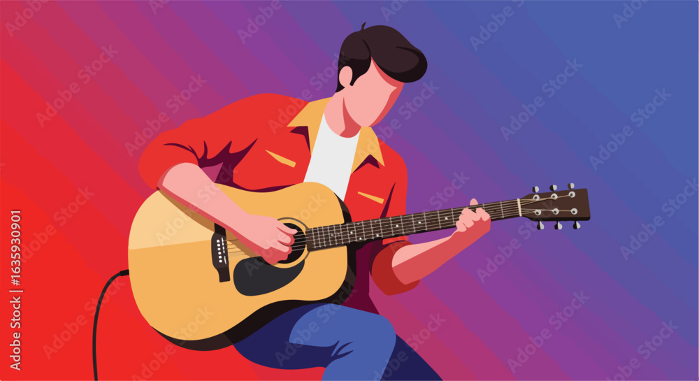 Obraz premium Illustration of a man playing the guitar with a red & blue gradient background