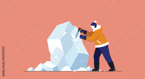 Person breaking a large ice chunk with an axe in winter outfit on pastel background